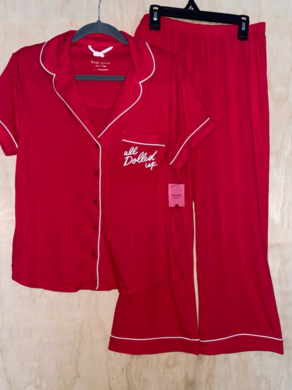 kate spade Red Short-Sleeve Pajama Set with White Piping